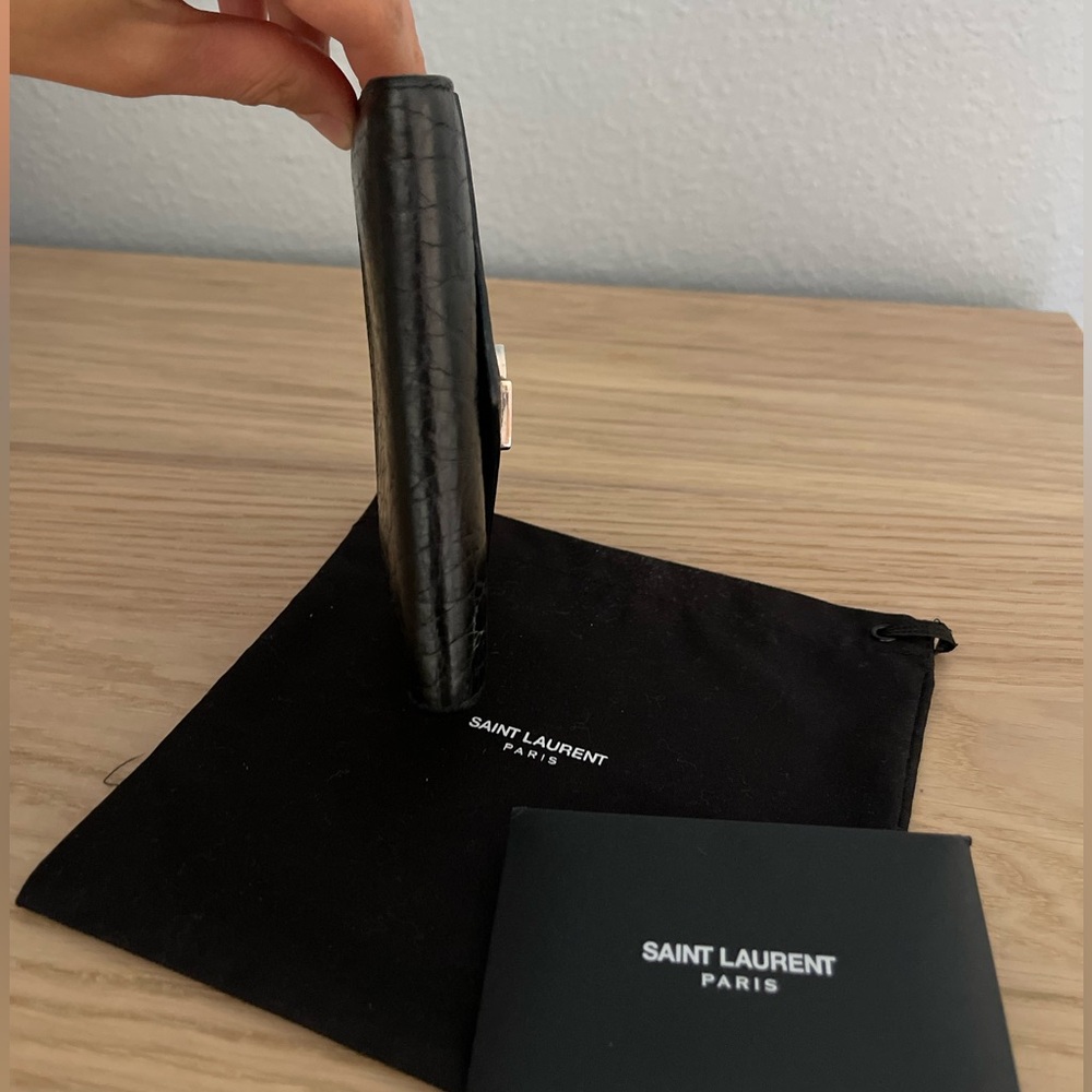 Yves Saint Laurent Cassandra Croc Embossed YSL Small Flap Wallet - Black Silver - Picture 3 of 7